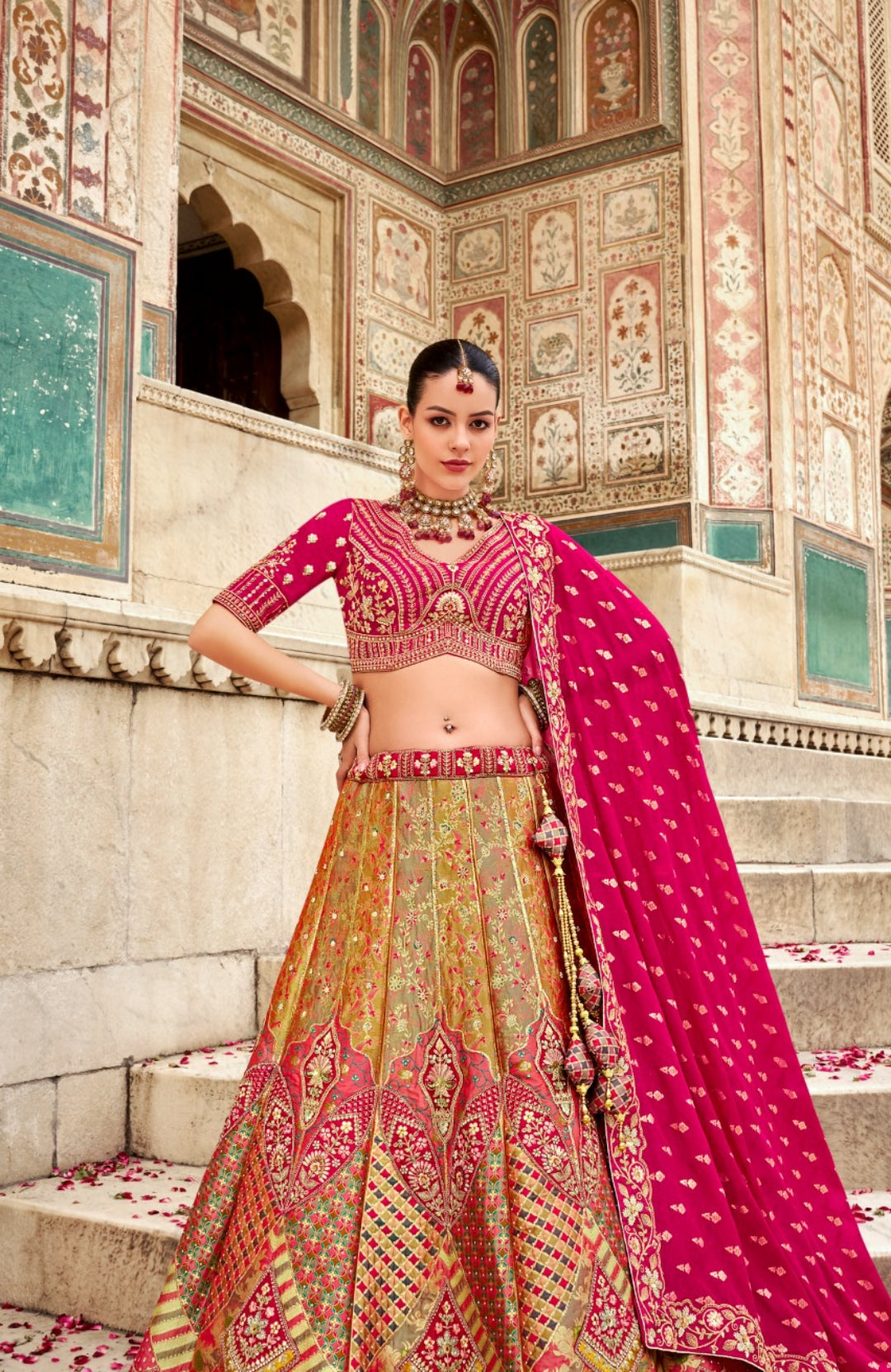 Luxurious Rani Pink Banarasi Silk Bridal Lehenga