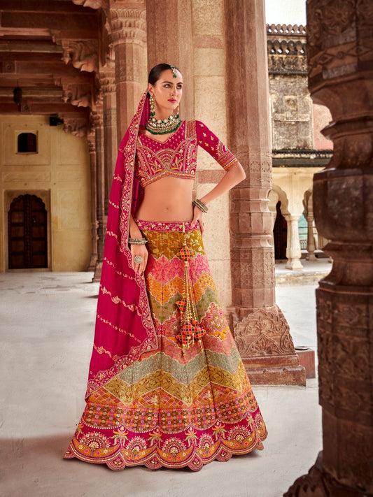 Tailored Pink Multi Banarasi Silk Bridal Lehenga
