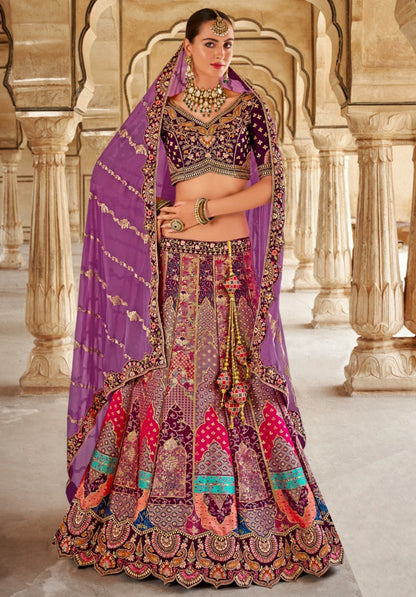 Trendy Purple Multi Banarasi Silk Bridal Lehenga