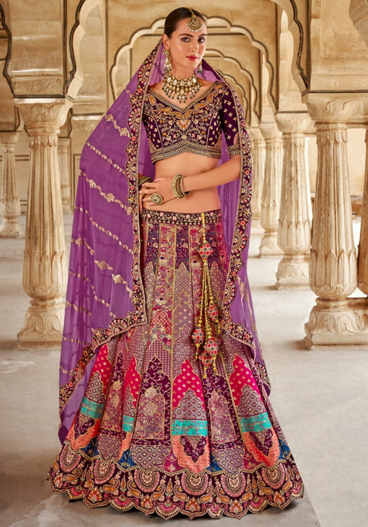 Trendy Purple Multi Banarasi Silk Bridal Lehenga