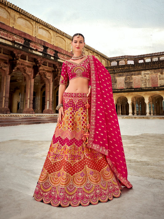 Dazzling Rose Pink Multi Banarasi Silk Bridal Lehenga