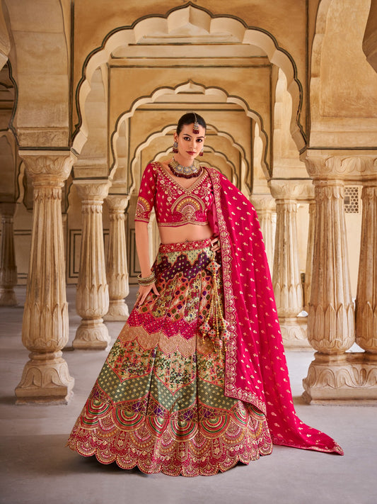 Flawless Dark Pink Multi Banarasi Silk Bridal Lehenga
