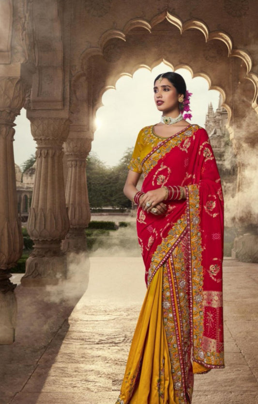 Women Mustard And Red Silk Embroidery Saree