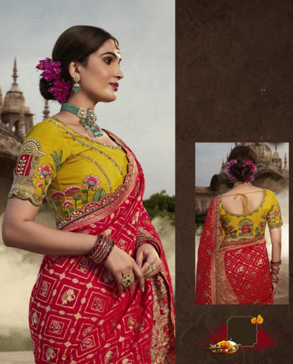 Women Yellow And Red Silk Embroidery Saree