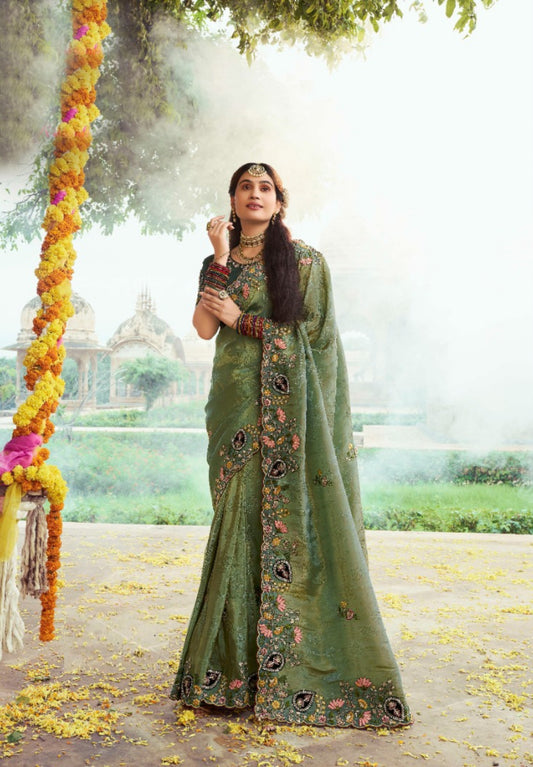 Women Bottle Green Silk Embroidery Saree