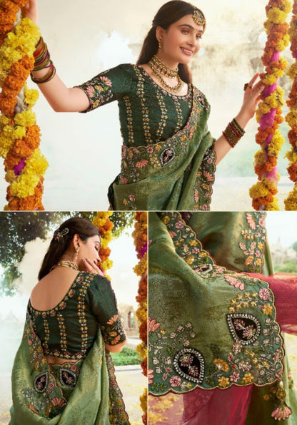 Women Bottle Green Silk Embroidery Saree