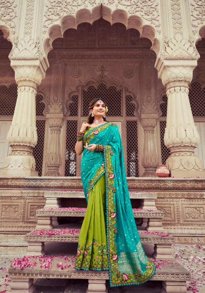Women Green And Teal Silk Embroidery Saree