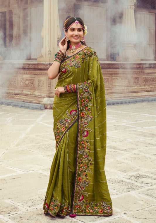 Women Mehendi Green Silk Embroidery Saree