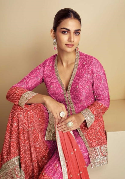 Women Pink And Red Real Chinon Gharara Bottom Suit Set