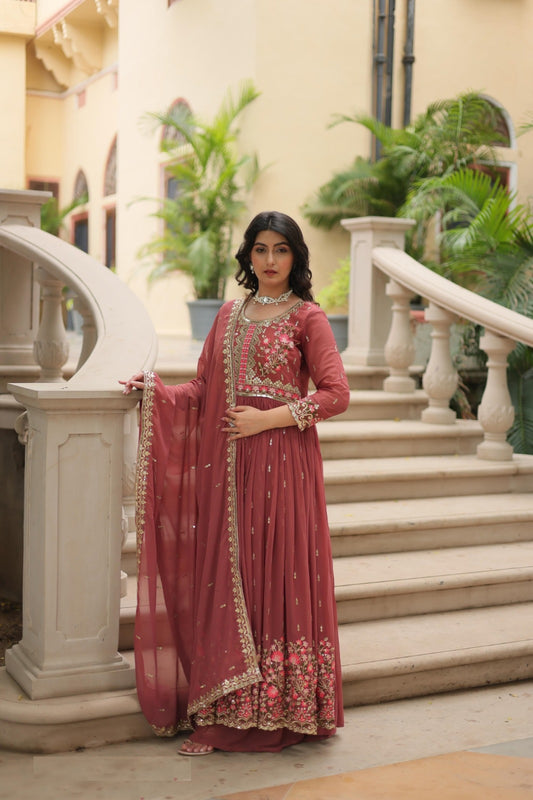 Women Coral Faux Georgette Floor Length Suit Set