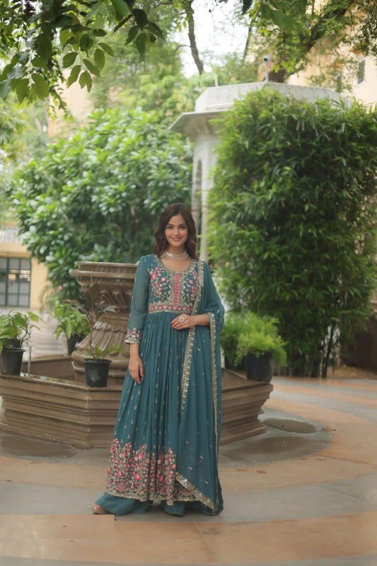 Women Teal Faux Georgette Floor Length Suit Set