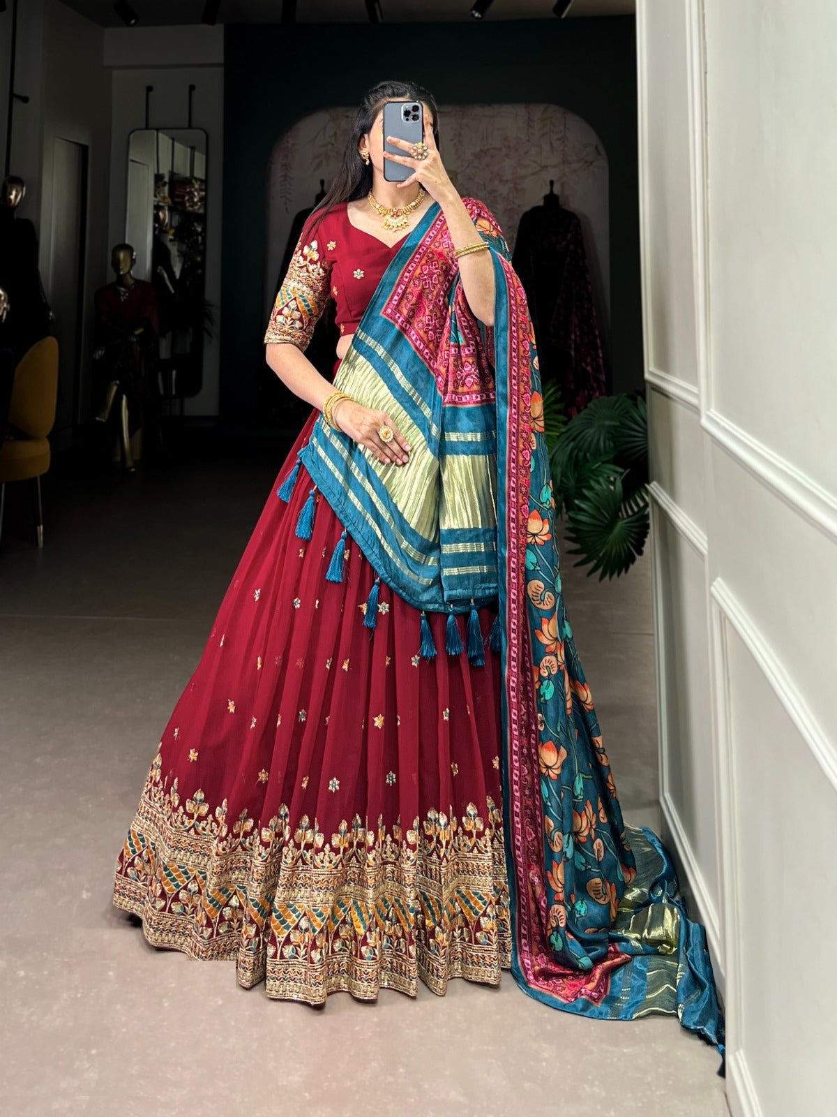 Radiant Maroon Georgette Sequins Thread Embroidery Work Traditional Lehenga