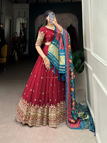 Radiant Maroon Georgette Sequins Thread Embroidery Work Traditional Lehenga