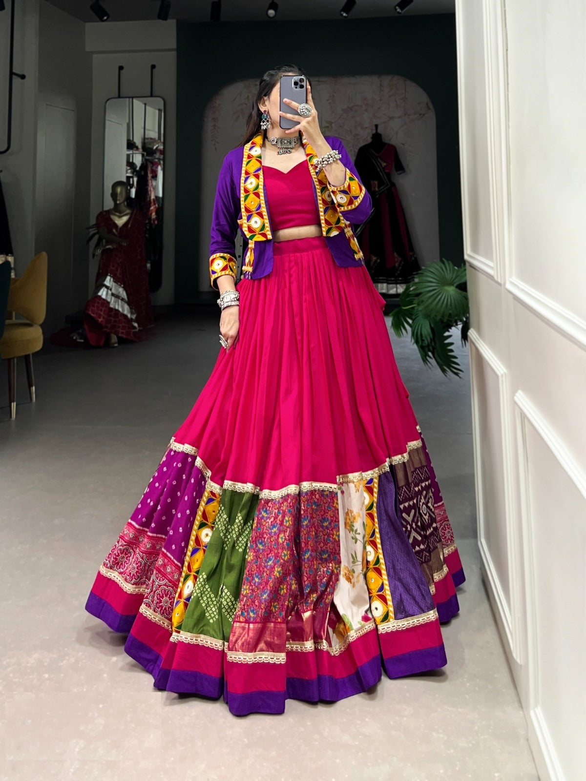 Stylish Pink Rayon Printed And Gamthi Patch Work Lehengas With Jacket