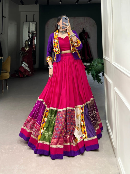 Stylish Pink Rayon Printed And Gamthi Patch Work Lehengas With Jacket