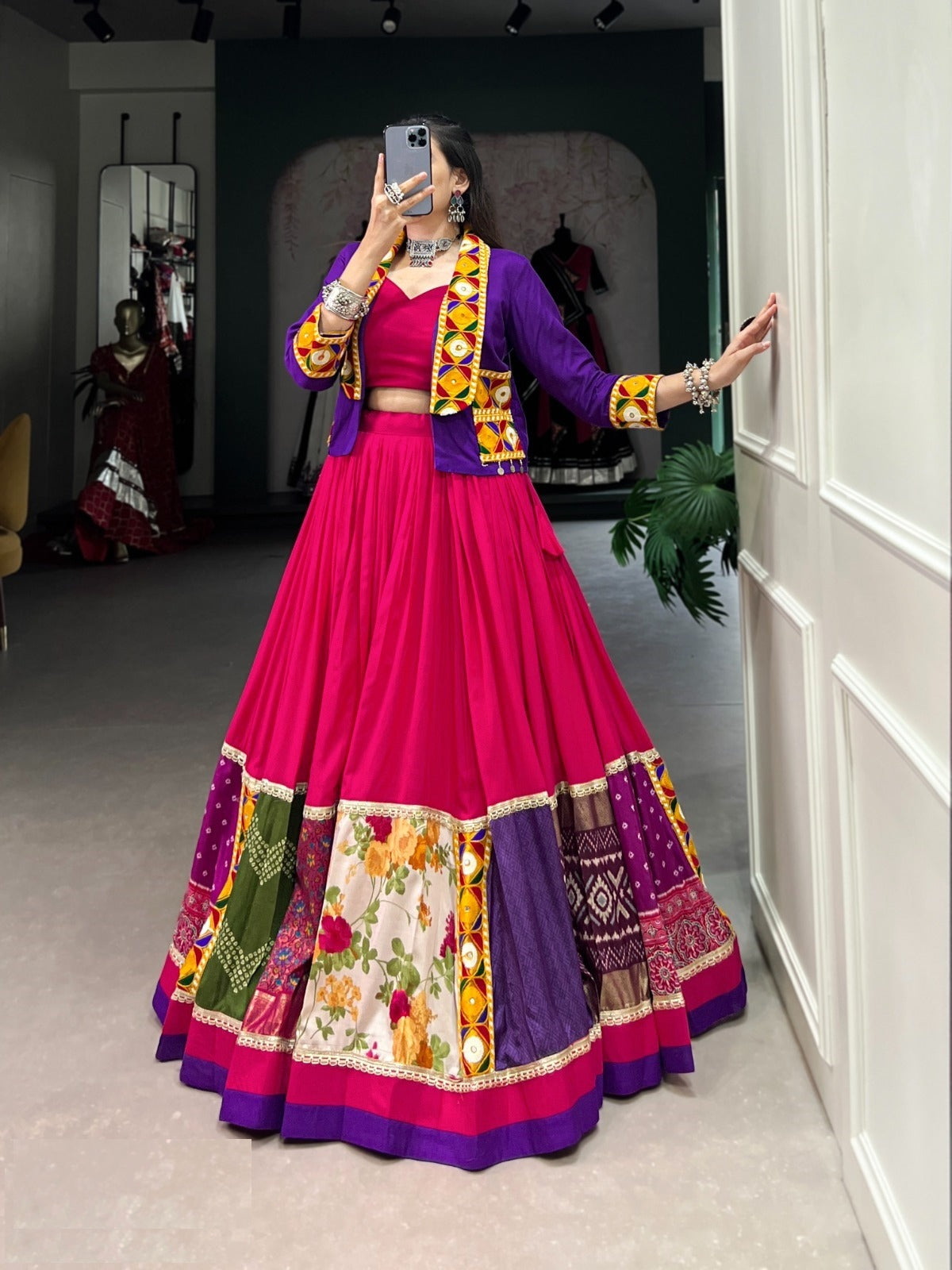 Stylish Pink Rayon Printed And Gamthi Patch Work Lehengas With Jacket