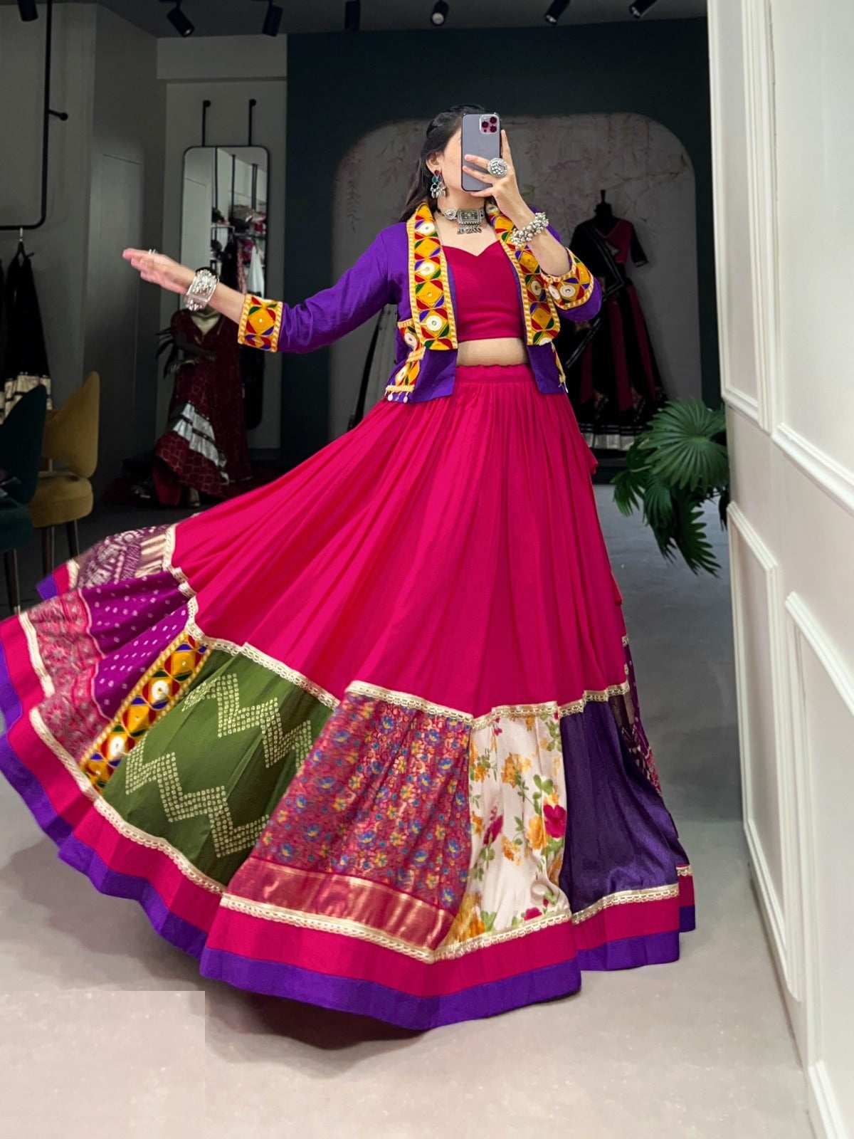 Stylish Pink Rayon Printed And Gamthi Patch Work Lehengas With Jacket