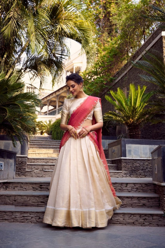 Women Beige Chex Jacquard Zari Weaving Work Traditional Lehenga