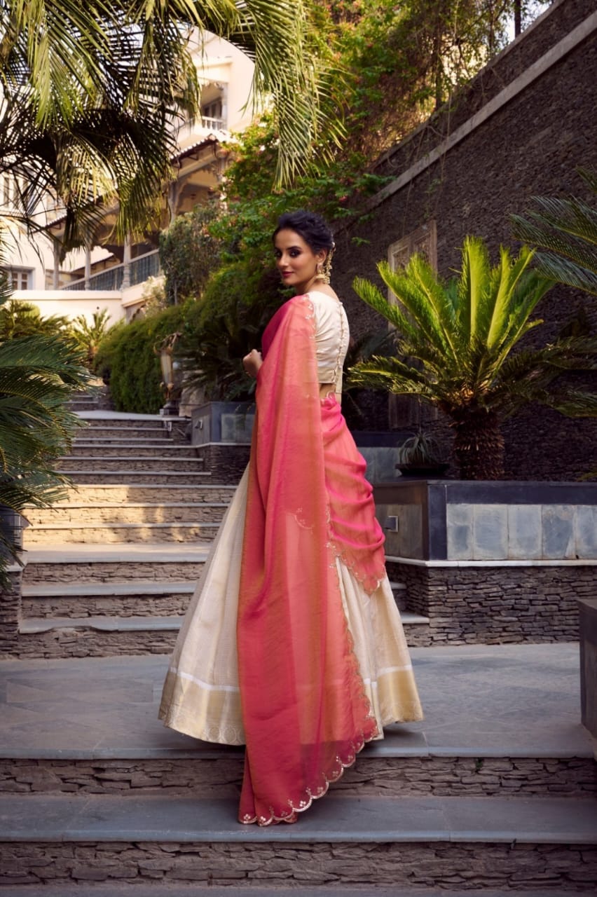 Women Beige Chex Jacquard Zari Weaving Work Traditional Lehenga