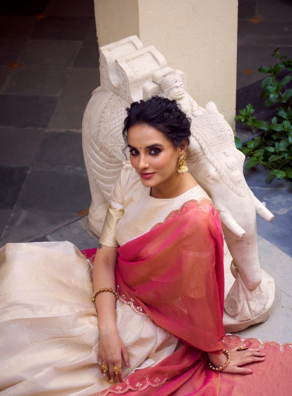 Women Beige Chex Jacquard Zari Weaving Work Traditional Lehenga
