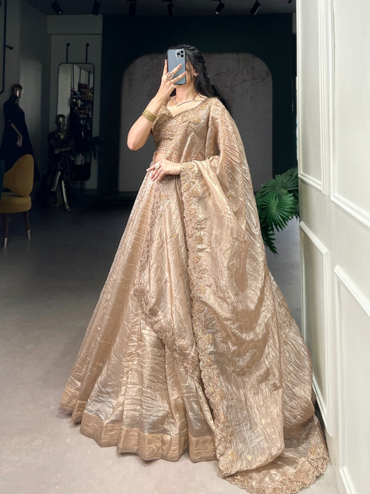 Glamorous Beige Silk Cold Crush Traditional Lehenga
