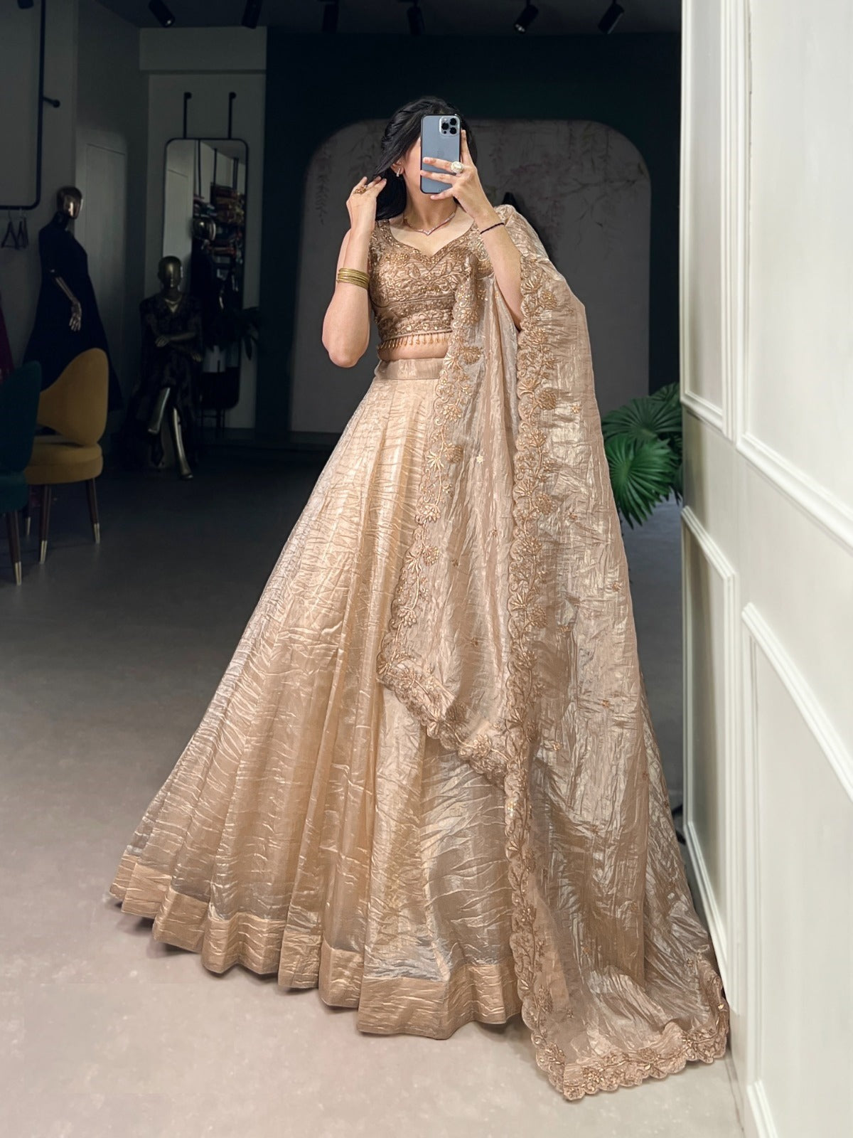 Glamorous Beige Silk Cold Crush Traditional Lehenga