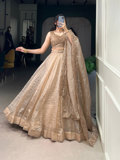 Glamorous Beige Silk Cold Crush Traditional Lehenga