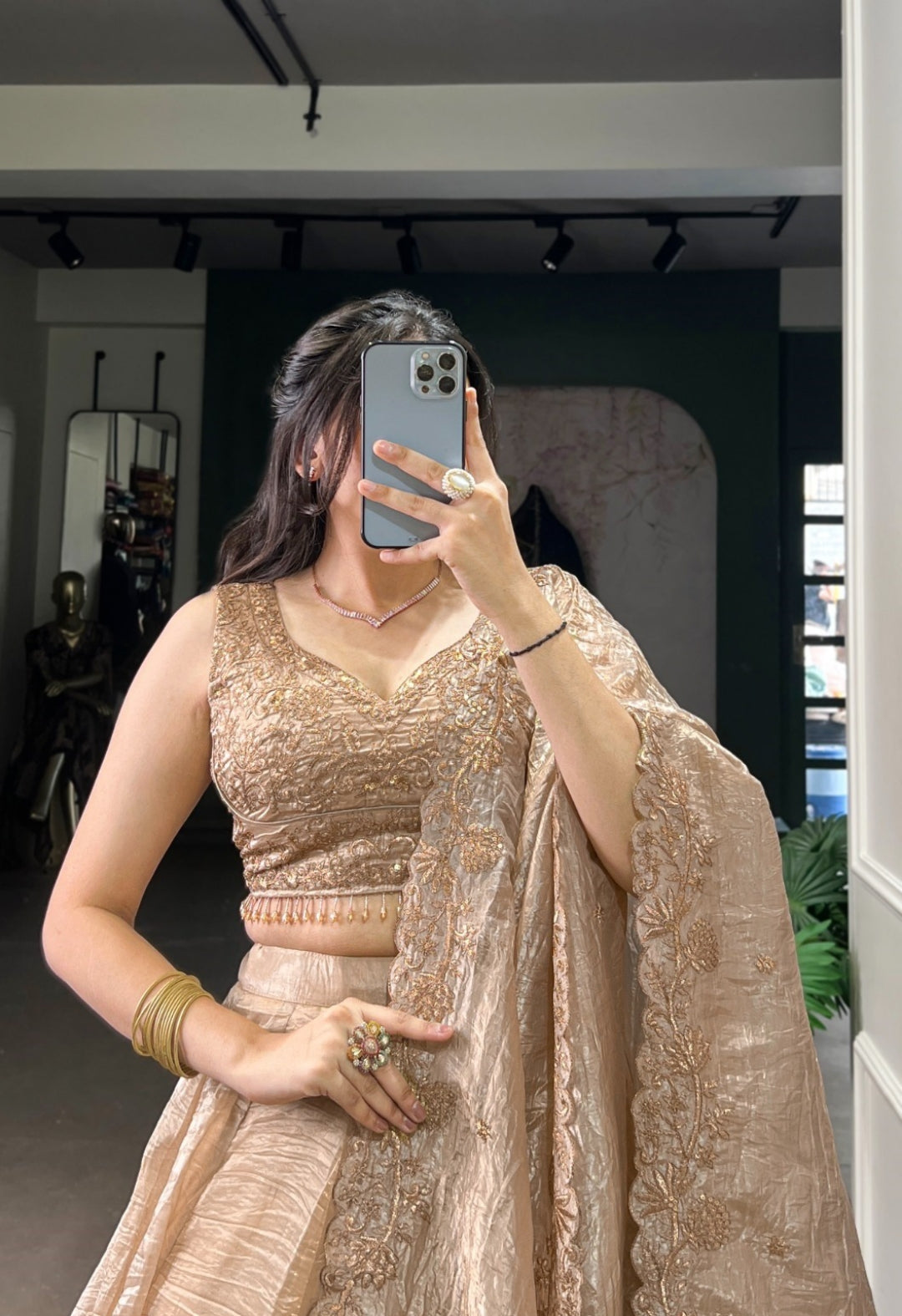 Glamorous Beige Silk Cold Crush Traditional Lehenga