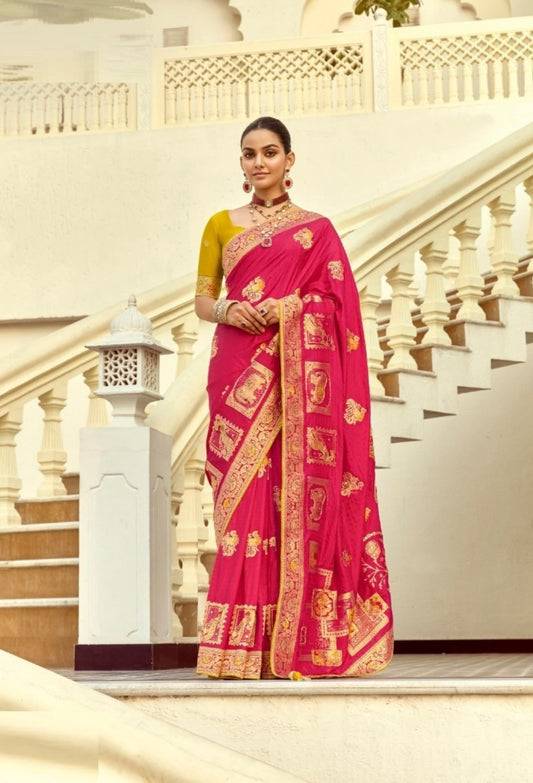 Gleaming Pink And Mustard Silk Banarasi Silk Saree
