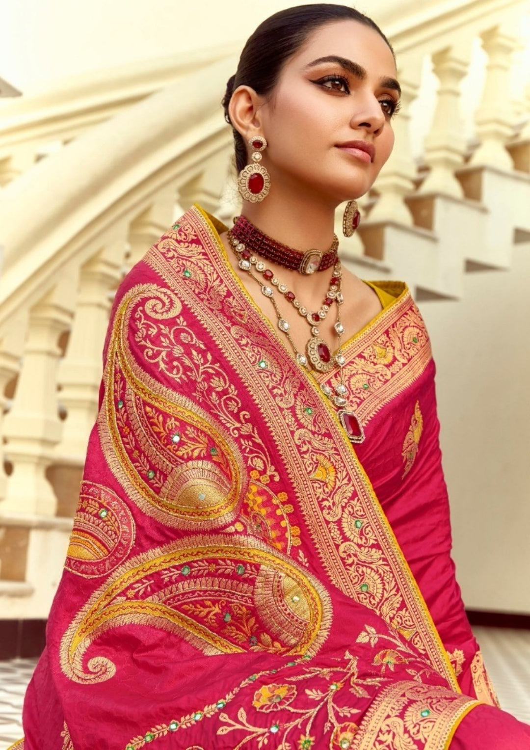 Gleaming Pink And Mustard Silk Banarasi Silk Saree