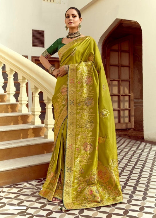 Opalescent Mehendi Green Silk Banarasi Silk Saree