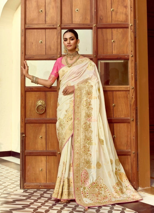 Luxe Cream And Pink Silk Banarasi Silk Saree