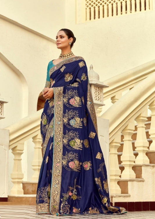 Immaculate Navy Blue Silk Banarasi Silk Saree