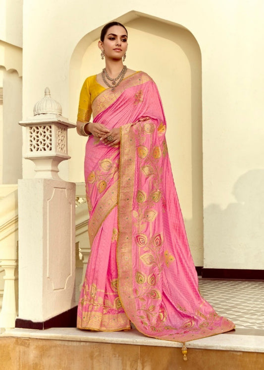 Vivid Pink And Mustard Silk Banarasi Silk Saree