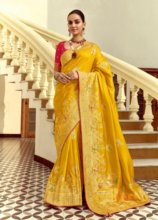 Sculpted Mustard And Pink Silk Banarasi Silk Saree