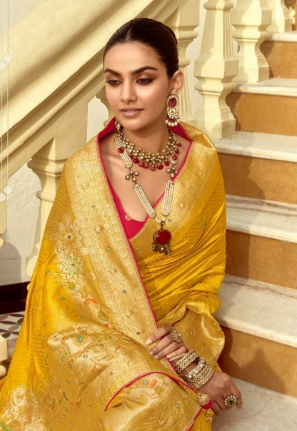Sculpted Mustard And Pink Silk Banarasi Silk Saree