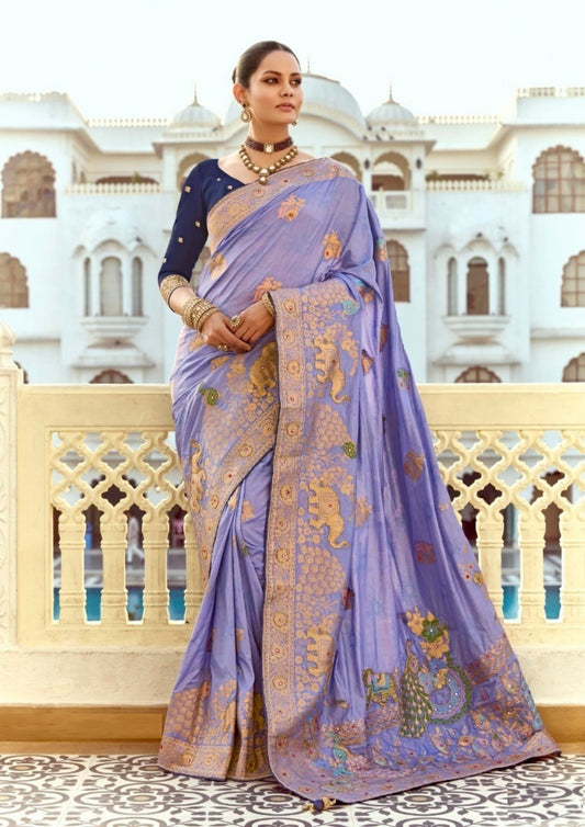 Enchanting Lilac And Navy Blue Silk Banarasi Silk Saree