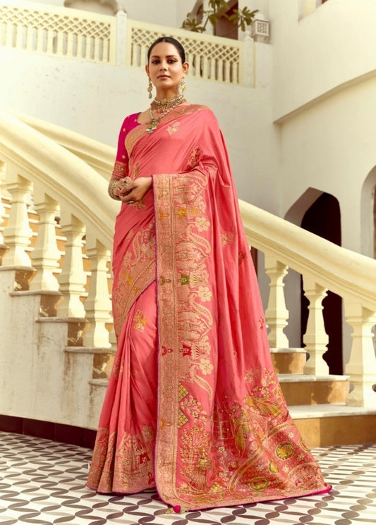 Effortless Coral Silk Banarasi Silk Saree