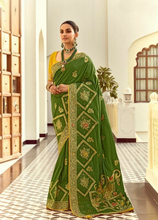 Flattering Green And Yellow Silk Banarasi Silk Saree
