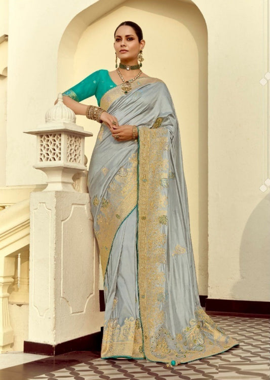 Sublime Steel Blue Silk Banarasi Silk Saree