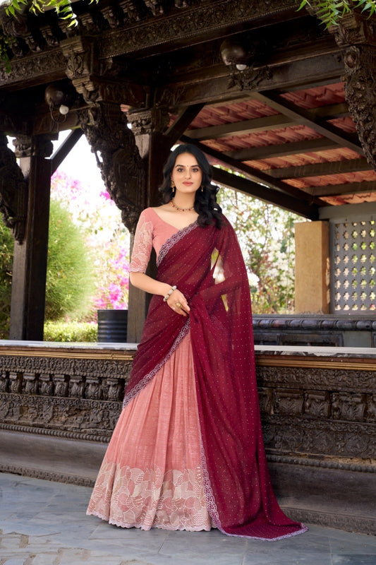 Chic Peach Silk Glory Sequins And Thread Embroidery Work Stylish Lehenga