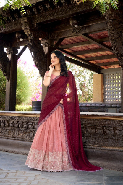 Chic Peach Silk Glory Sequins And Thread Embroidery Work Stylish Lehenga