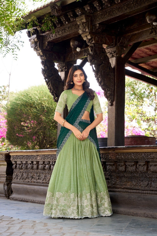 Elegant Pista Green Silk Glory Sequins And Thread Embroidery Work Stylish Lehenga