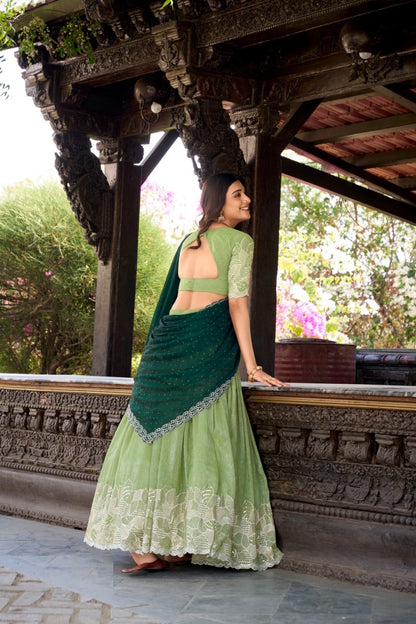 Elegant Pista Green Silk Glory Sequins And Thread Embroidery Work Stylish Lehenga
