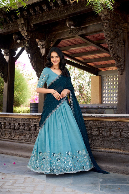 Timeless Blue Silk Glory Sequins And Thread Embroidery Work Stylish Lehenga