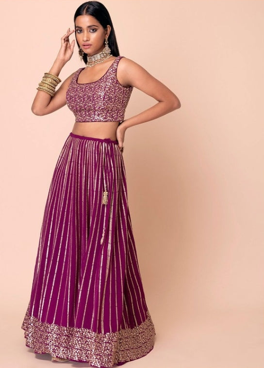 Refined Wine Georgette Gliterring Lehenga