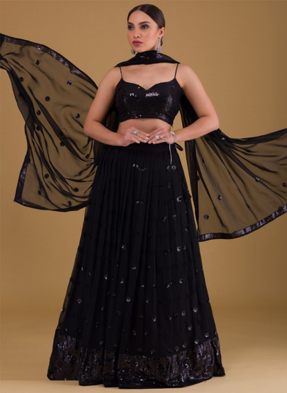 Women Black Georgette Gliterring Lehenga