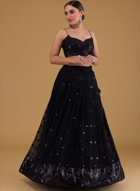Women Black Georgette Gliterring Lehenga