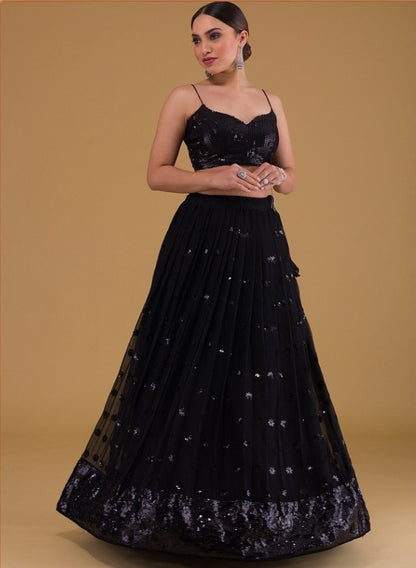 Women Black Georgette Gliterring Lehenga