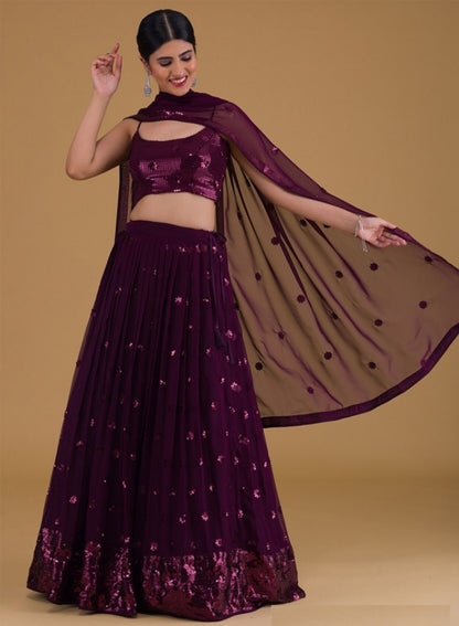 Women Purple Georgette Gliterring Lehenga